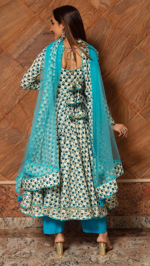 Pomcha Jaipur Anokhi Cotton Hand Block Print Anarkali Set